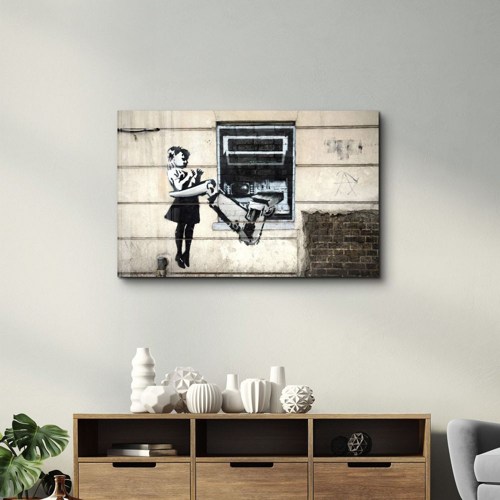 Other wall decoration - Banksy - Cash Machine Girl Graffiti | Glass Wall Art 110CMx70CM - ARTDESIGNA
