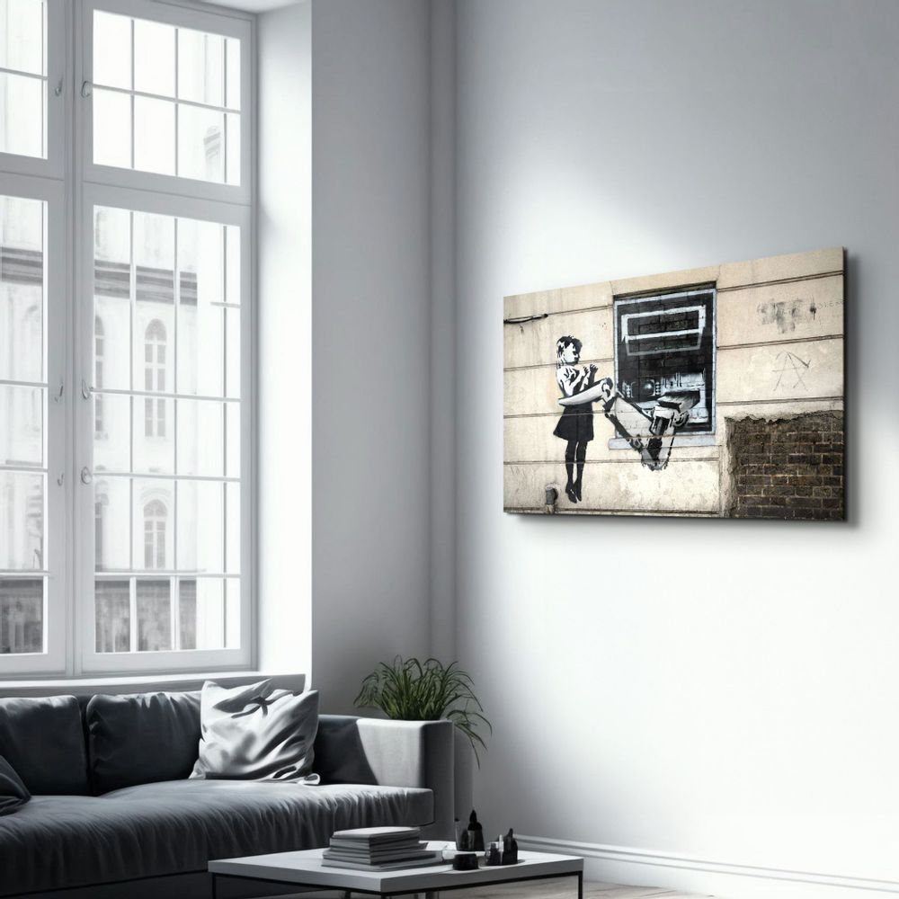Other wall decoration - Banksy - Cash Machine Girl Graffiti | Glass Wall Art 110CMx70CM - ARTDESIGNA