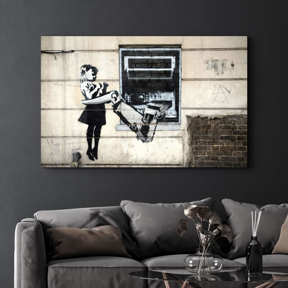 Other wall decoration - Banksy - Cash Machine Girl Graffiti | Glass Wall Art 110CMx70CM - ARTDESIGNA