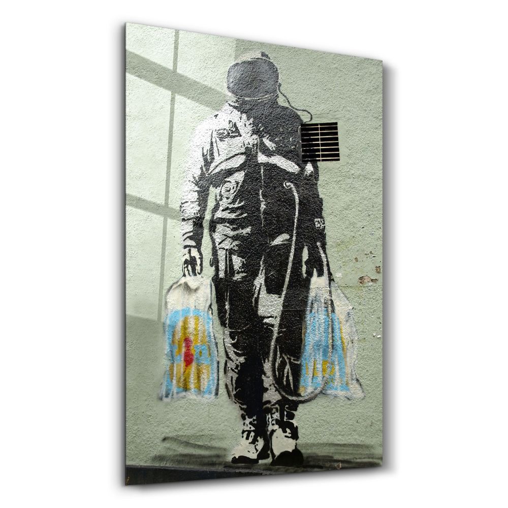 Other wall decoration - Banksy - Shopper Spaceman | Glass Wall Art 110CMx70CM - ARTDESIGNA