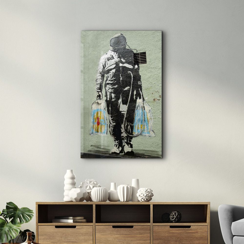 Other wall decoration - Banksy - Shopper Spaceman | Glass Wall Art 110CMx70CM - ARTDESIGNA