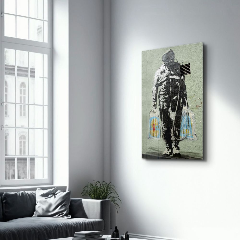 Other wall decoration - Banksy - Shopper Spaceman | Glass Wall Art 110CMx70CM - ARTDESIGNA
