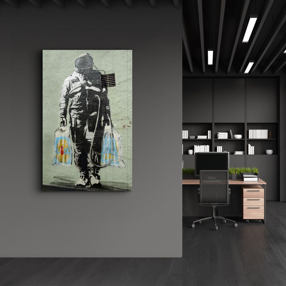 Other wall decoration - Banksy - Shopper Spaceman | Glass Wall Art 110CMx70CM - ARTDESIGNA