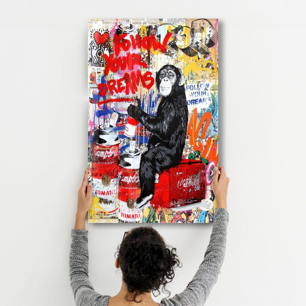 Autres décorations murales - Banksy - Suivez vos rêves singe | Art mural en verre 110CMx70CM - ARTDESIGNA