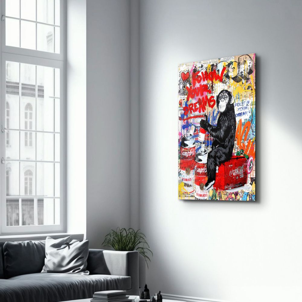 Autres décorations murales - Banksy - Suivez vos rêves singe | Art mural en verre 110CMx70CM - ARTDESIGNA