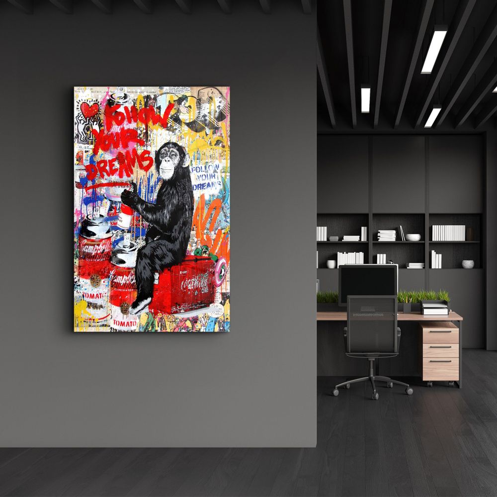 Autres décorations murales - Banksy - Suivez vos rêves singe | Art mural en verre 110CMx70CM - ARTDESIGNA