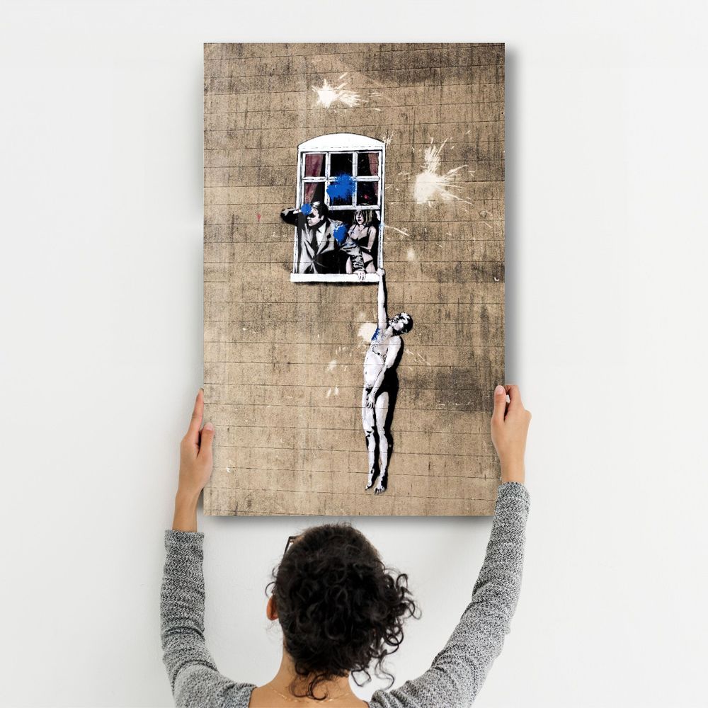 Autres décorations murales - Banksy - Homme pendu à une fenêtre | Art mural en verre 110CMx70CM - ARTDESIGNA