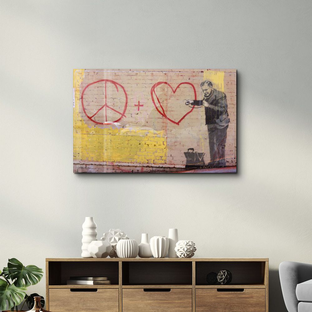Other wall decoration - Banksy - Love and Peace | Glass Wall Art 110CMx70CM - ARTDESIGNA