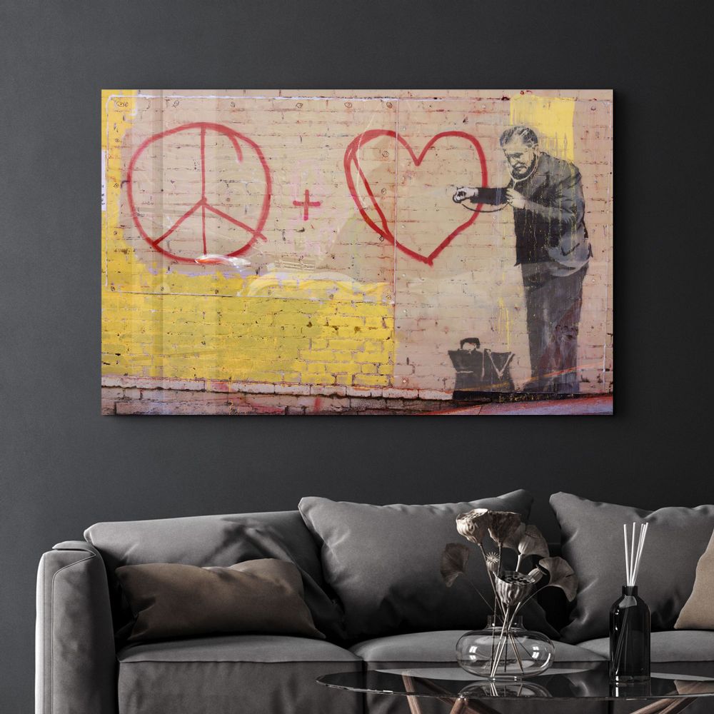 Other wall decoration - Banksy - Love and Peace | Glass Wall Art 110CMx70CM - ARTDESIGNA