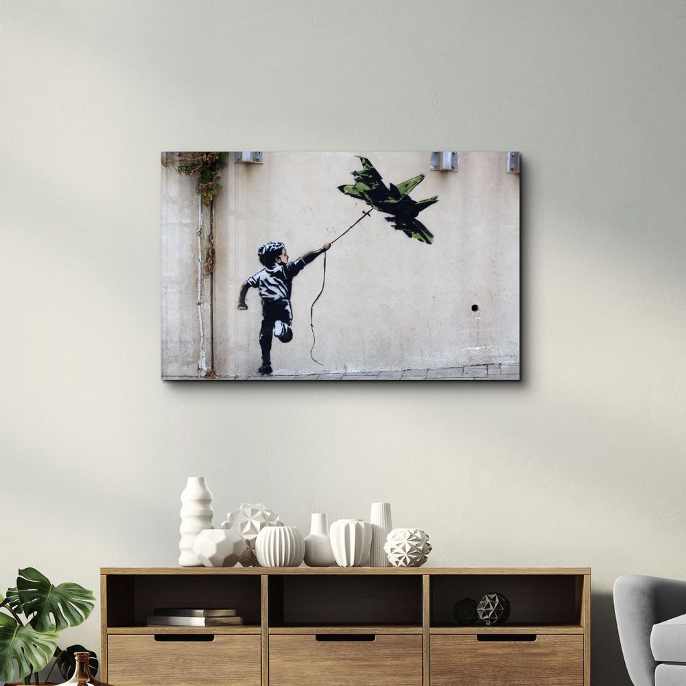 Other wall decoration - Banksy - fighter jet kite | Glass Wall Art 110CMx70CM - ARTDESIGNA