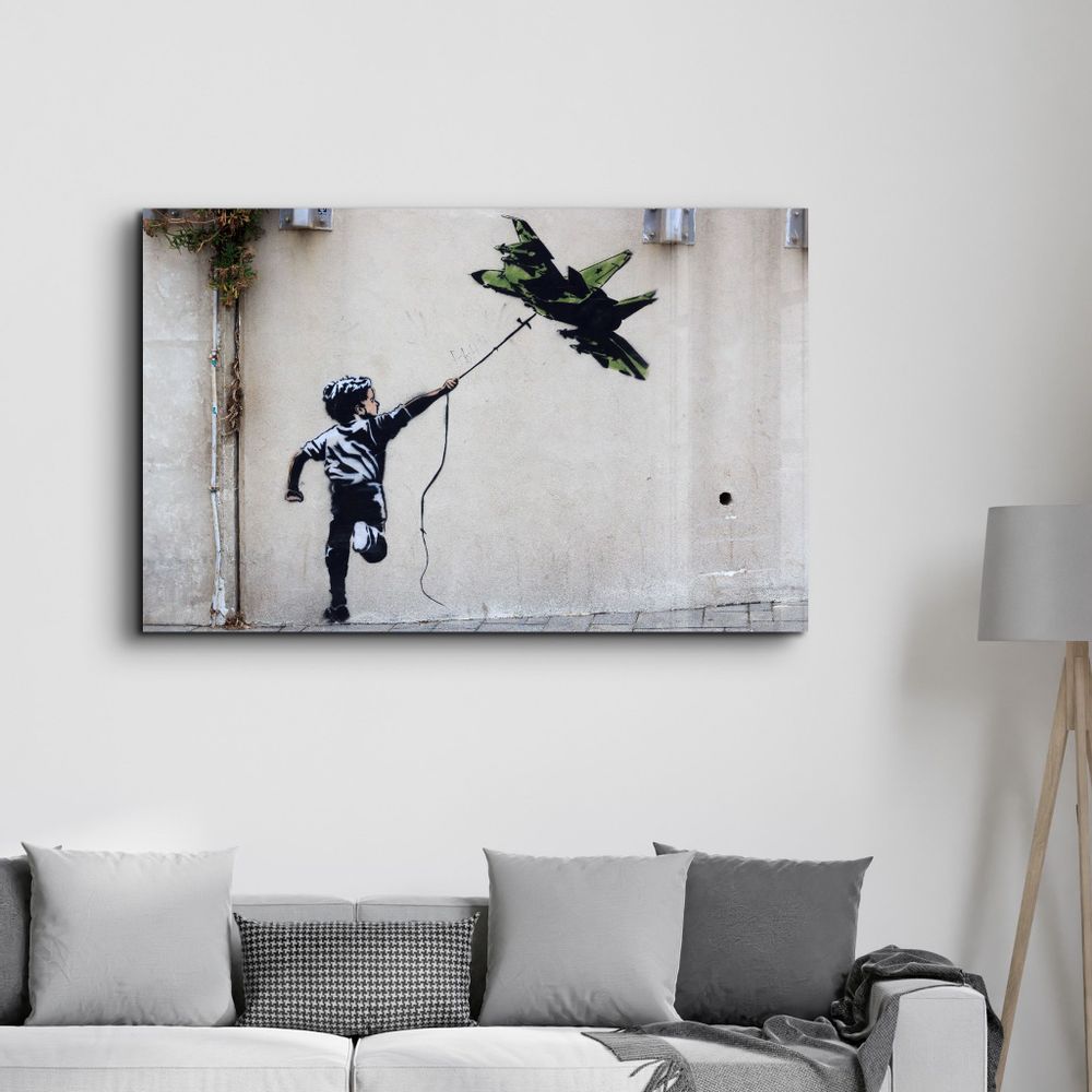 Other wall decoration - Banksy - fighter jet kite | Glass Wall Art 110CMx70CM - ARTDESIGNA