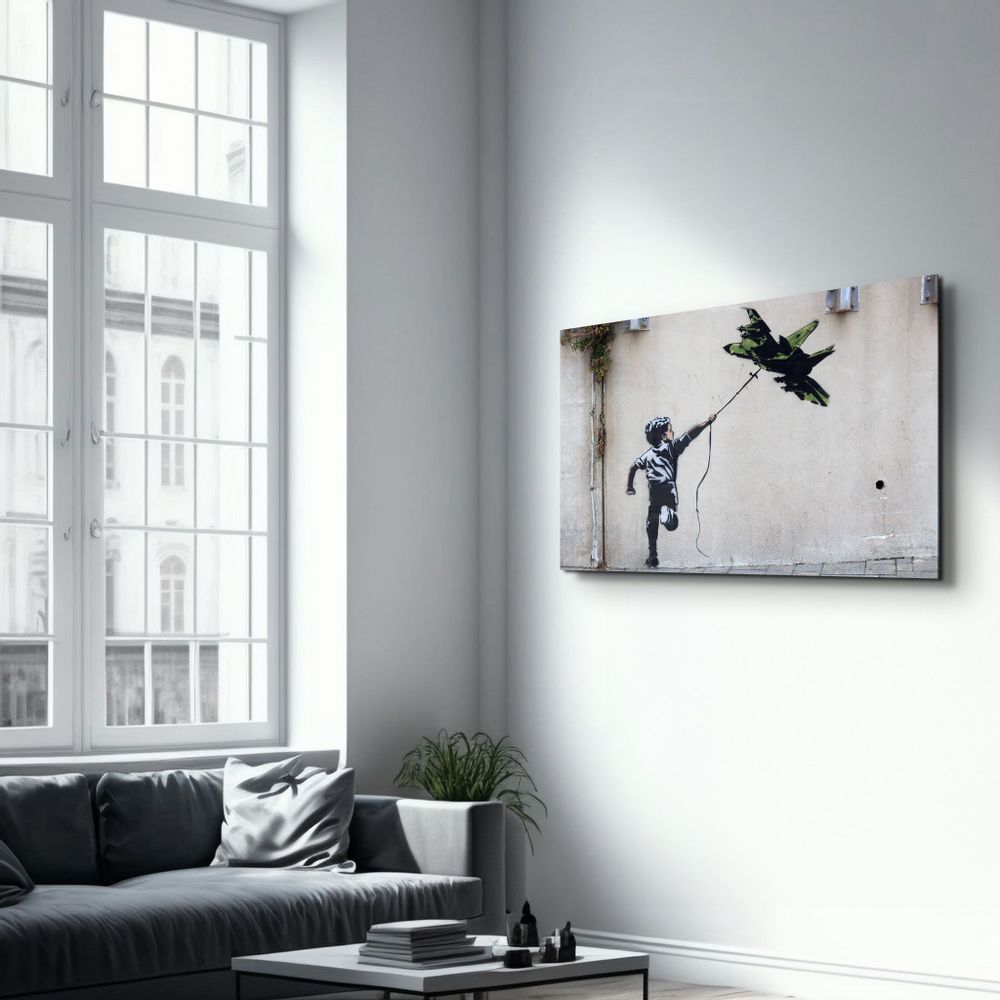 Other wall decoration - Banksy - fighter jet kite | Glass Wall Art 110CMx70CM - ARTDESIGNA