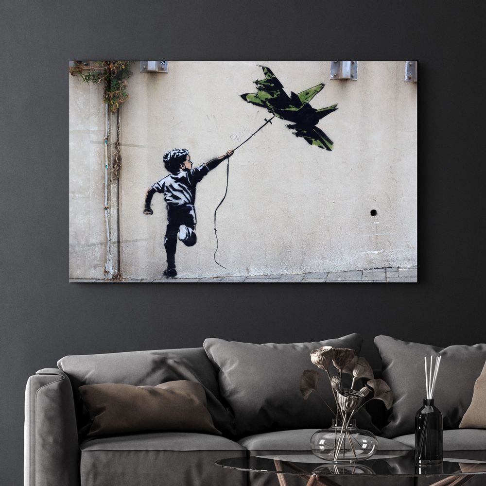 Other wall decoration - Banksy - fighter jet kite | Glass Wall Art 110CMx70CM - ARTDESIGNA