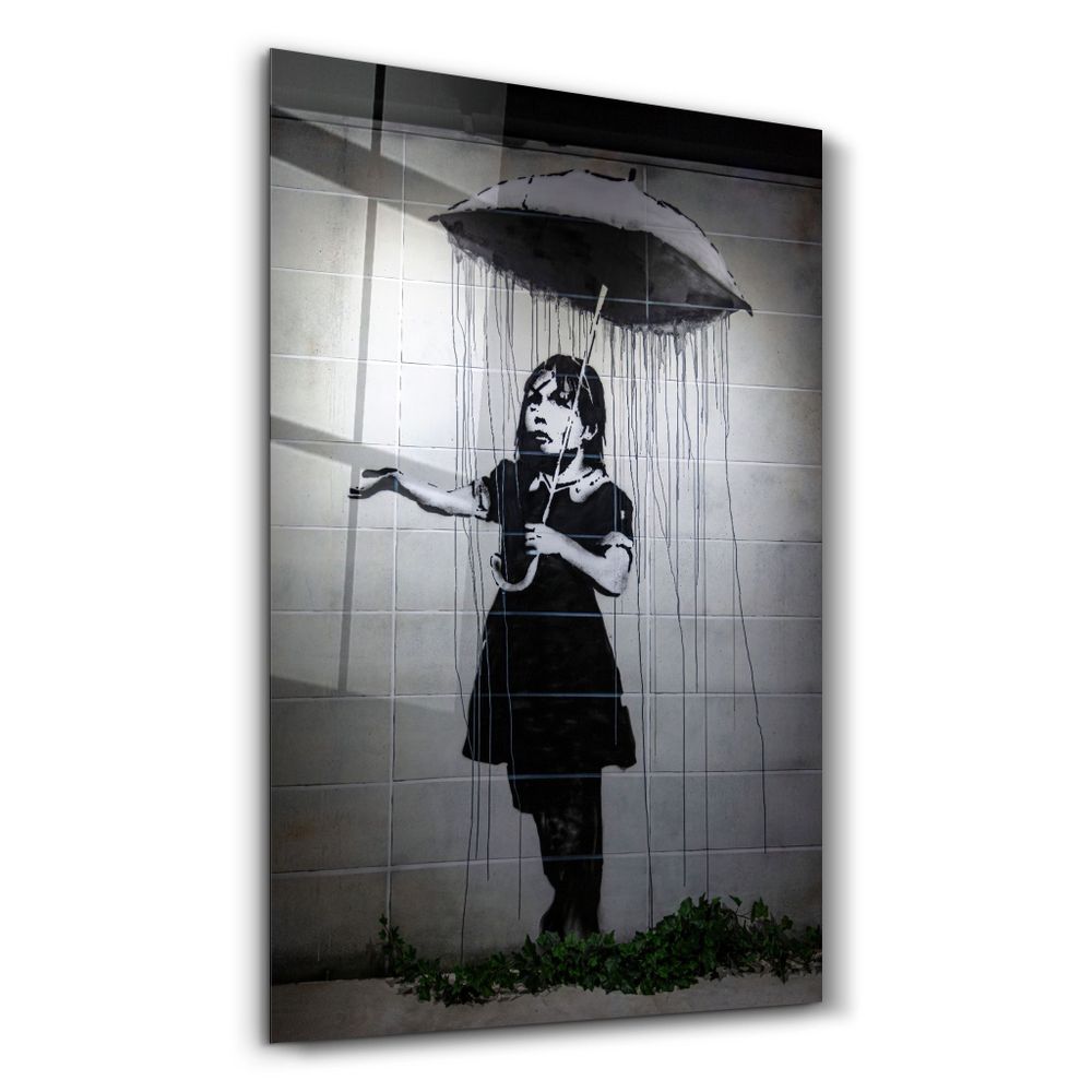 Autres décorations murales - Banksy - Fille avec un parapluie | Art mural en verre 110CMx70CM - ARTDESIGNA