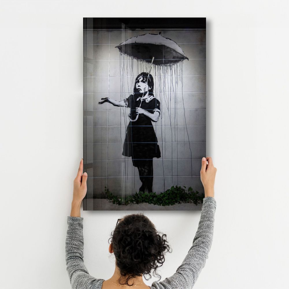 Autres décorations murales - Banksy - Fille avec un parapluie | Art mural en verre 110CMx70CM - ARTDESIGNA