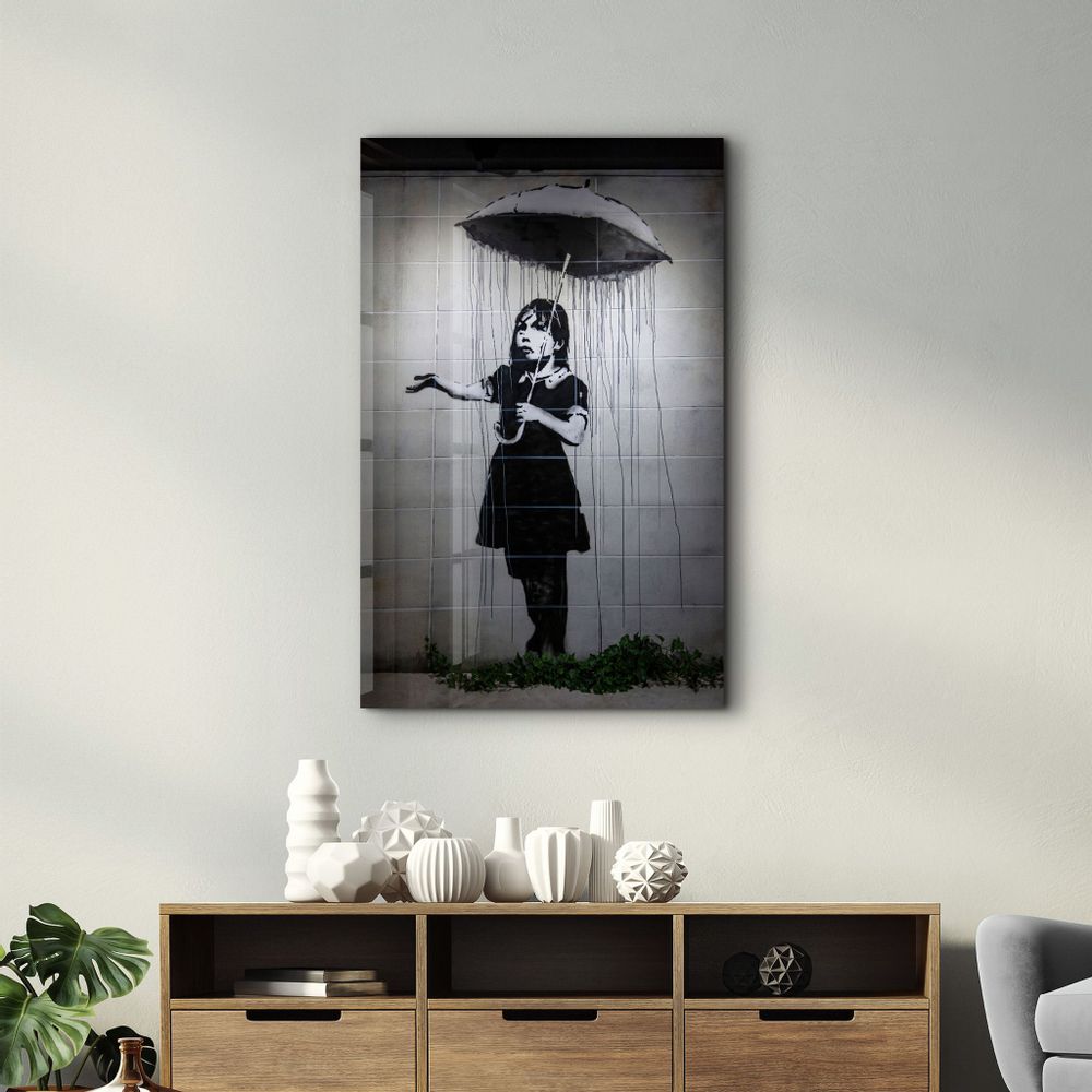 Autres décorations murales - Banksy - Fille avec un parapluie | Art mural en verre 110CMx70CM - ARTDESIGNA