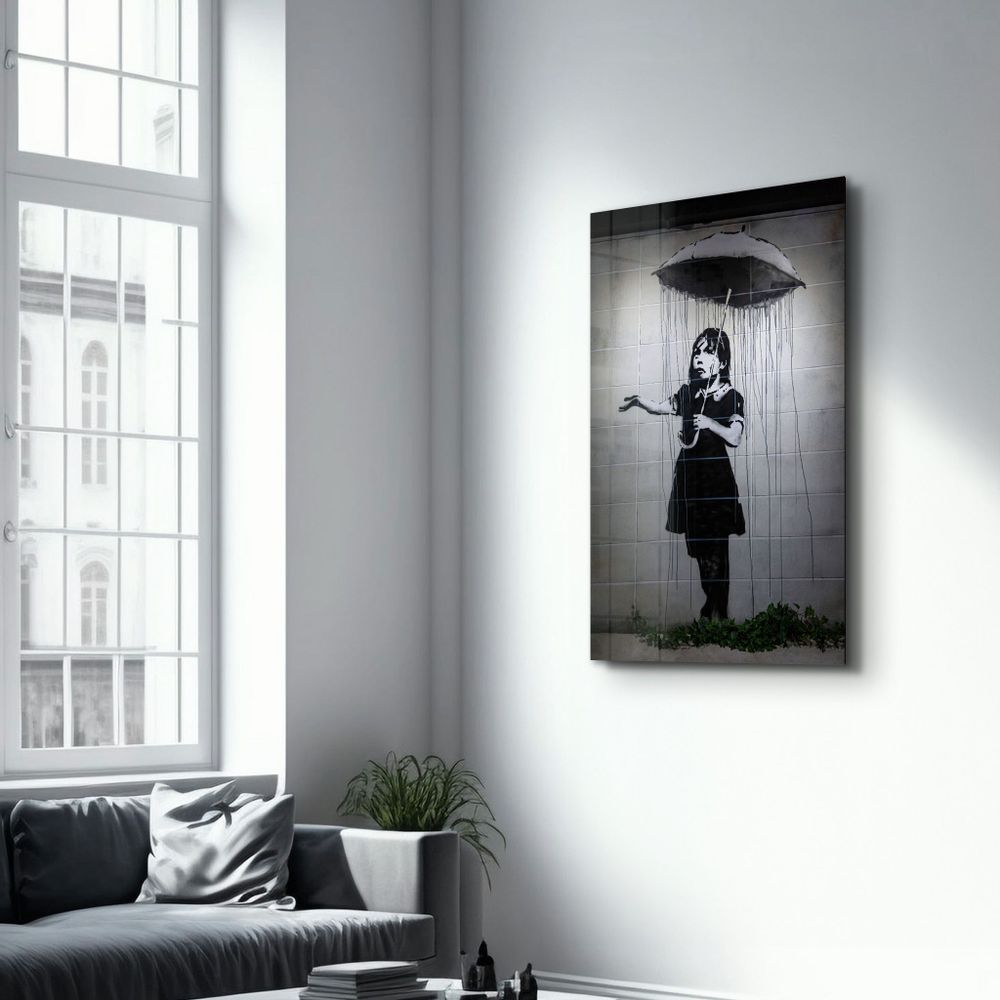 Autres décorations murales - Banksy - Fille avec un parapluie | Art mural en verre 110CMx70CM - ARTDESIGNA