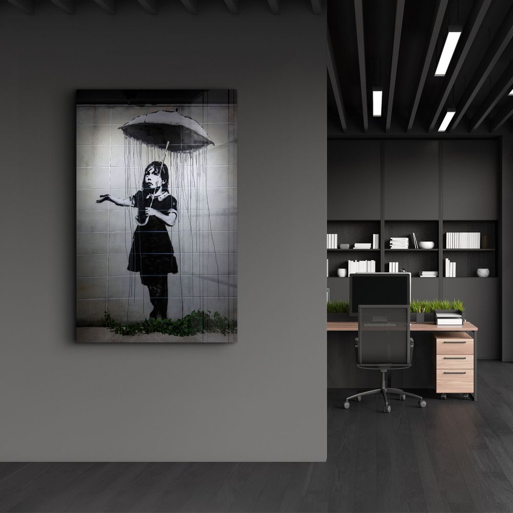 Autres décorations murales - Banksy - Fille avec un parapluie | Art mural en verre 110CMx70CM - ARTDESIGNA