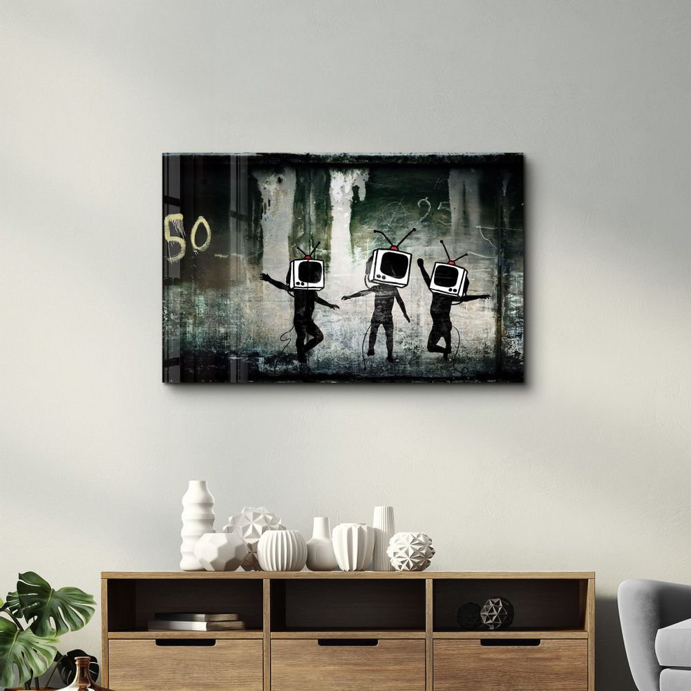 Other wall decoration - Banksy - Dancing TV | Glass Wall Art 110CMx70CM - ARTDESIGNA
