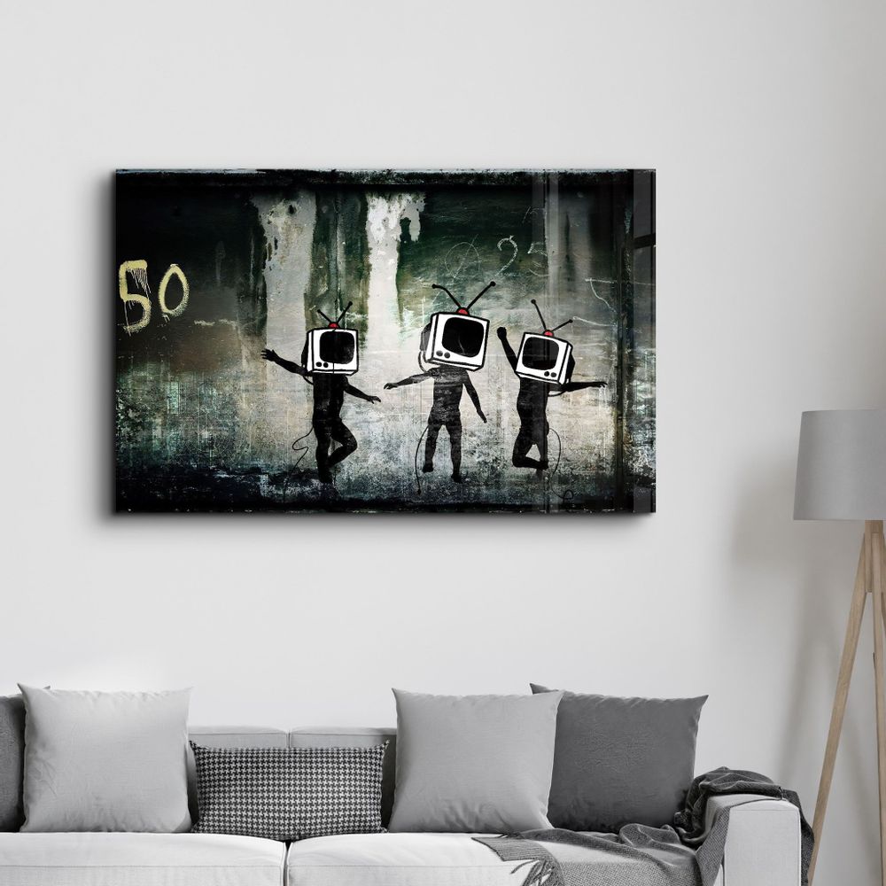 Other wall decoration - Banksy - Dancing TV | Glass Wall Art 110CMx70CM - ARTDESIGNA