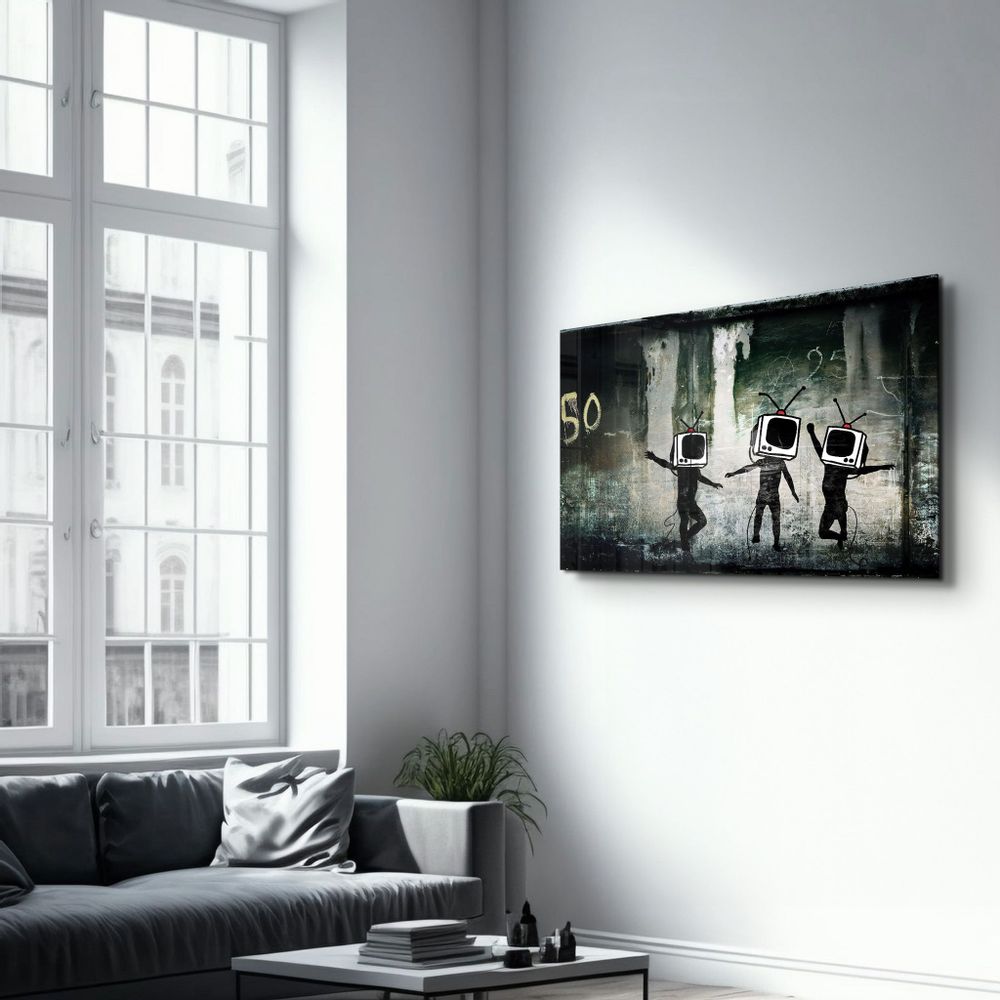 Other wall decoration - Banksy - Dancing TV | Glass Wall Art 110CMx70CM - ARTDESIGNA