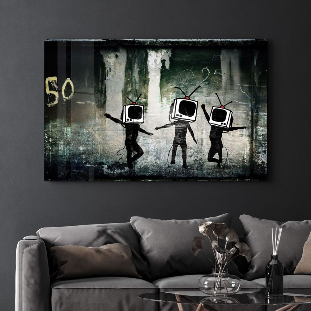 Other wall decoration - Banksy - Dancing TV | Glass Wall Art 110CMx70CM - ARTDESIGNA