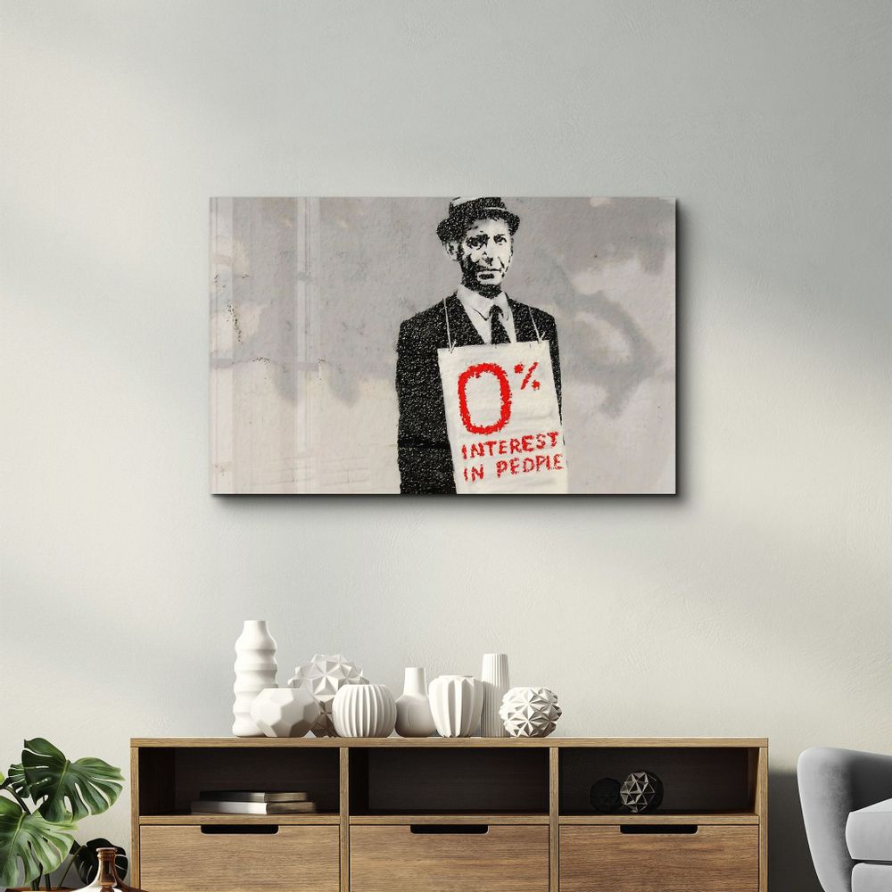 Autres décorations murales - Banksy – Intérêt à zéro pour cent | Art mural en verre 110CMx70CM - ARTDESIGNA