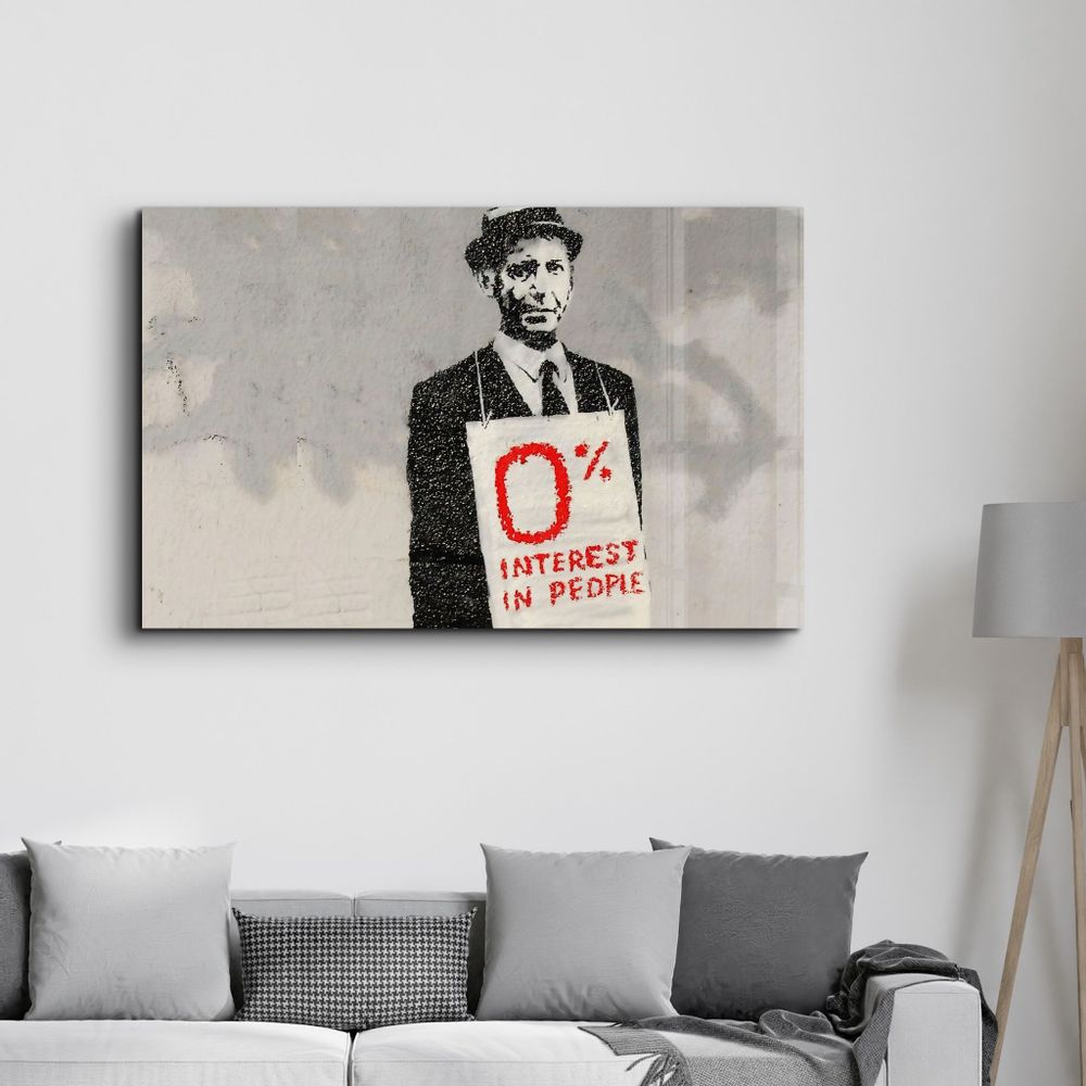 Autres décorations murales - Banksy – Intérêt à zéro pour cent | Art mural en verre 110CMx70CM - ARTDESIGNA