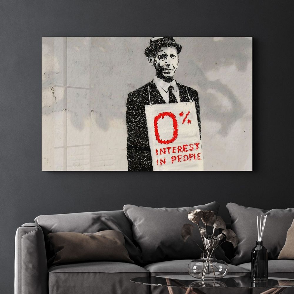 Autres décorations murales - Banksy – Intérêt à zéro pour cent | Art mural en verre 110CMx70CM - ARTDESIGNA