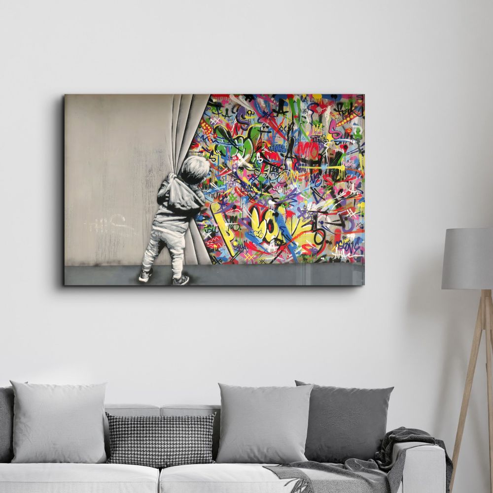 Other wall decoration - Banksy - Pull Back the Curtain | GLASS WALL ART  110CMx70CM - ARTDESIGNA