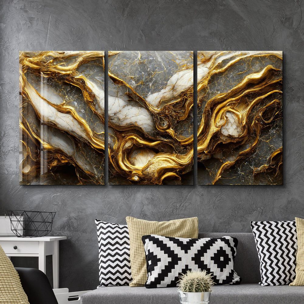 Autres décorations murales - Racines dorées dans le marbre -Art mural en trio de verre 110C210 - ARTDESIGNA