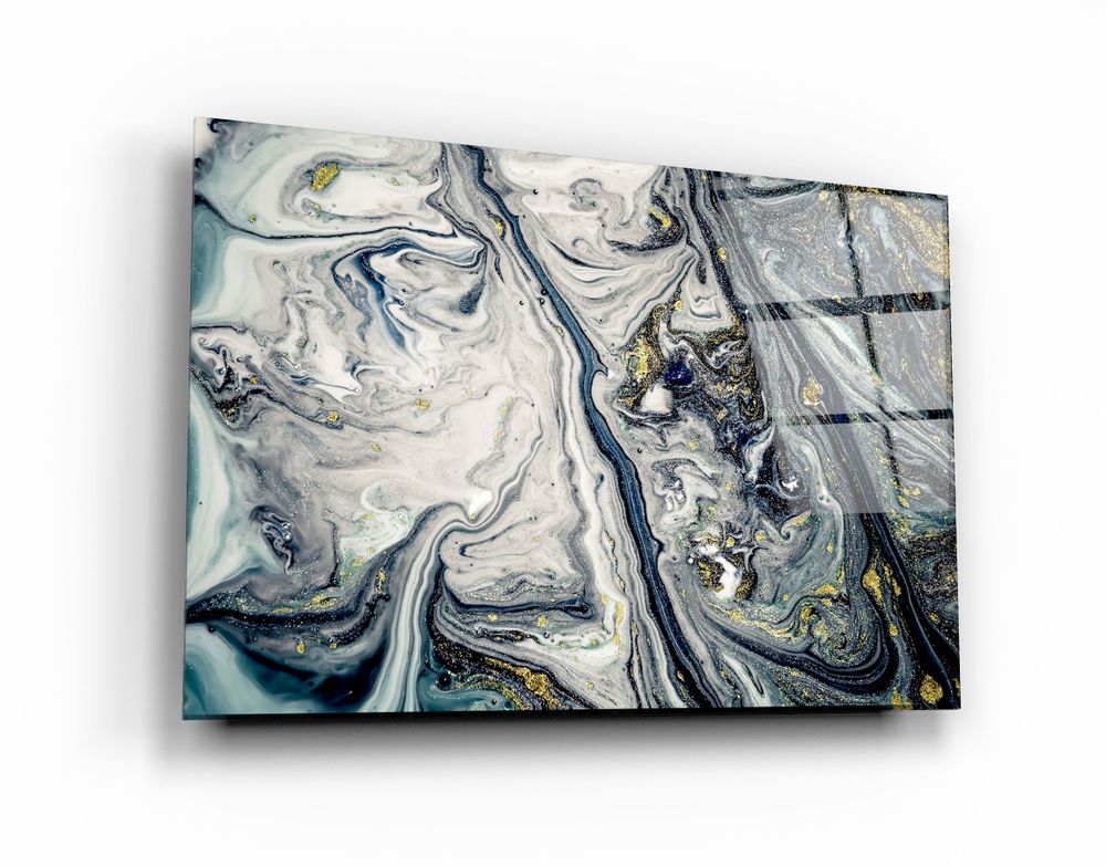 Autres décorations murales - Art mural en verre Marbre bleu gris avec poussière dorée 110CMx70CM - ARTDESIGNA