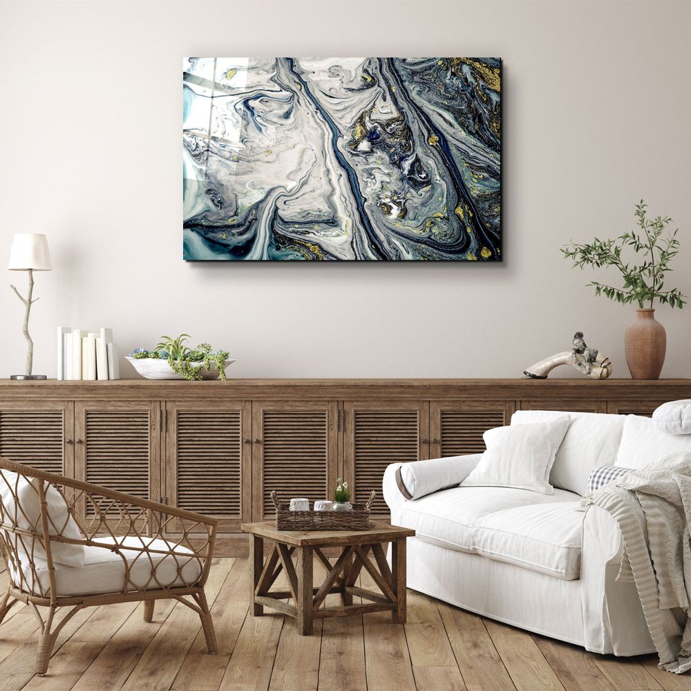 Autres décorations murales - Art mural en verre Marbre bleu gris avec poussière dorée 110CMx70CM - ARTDESIGNA