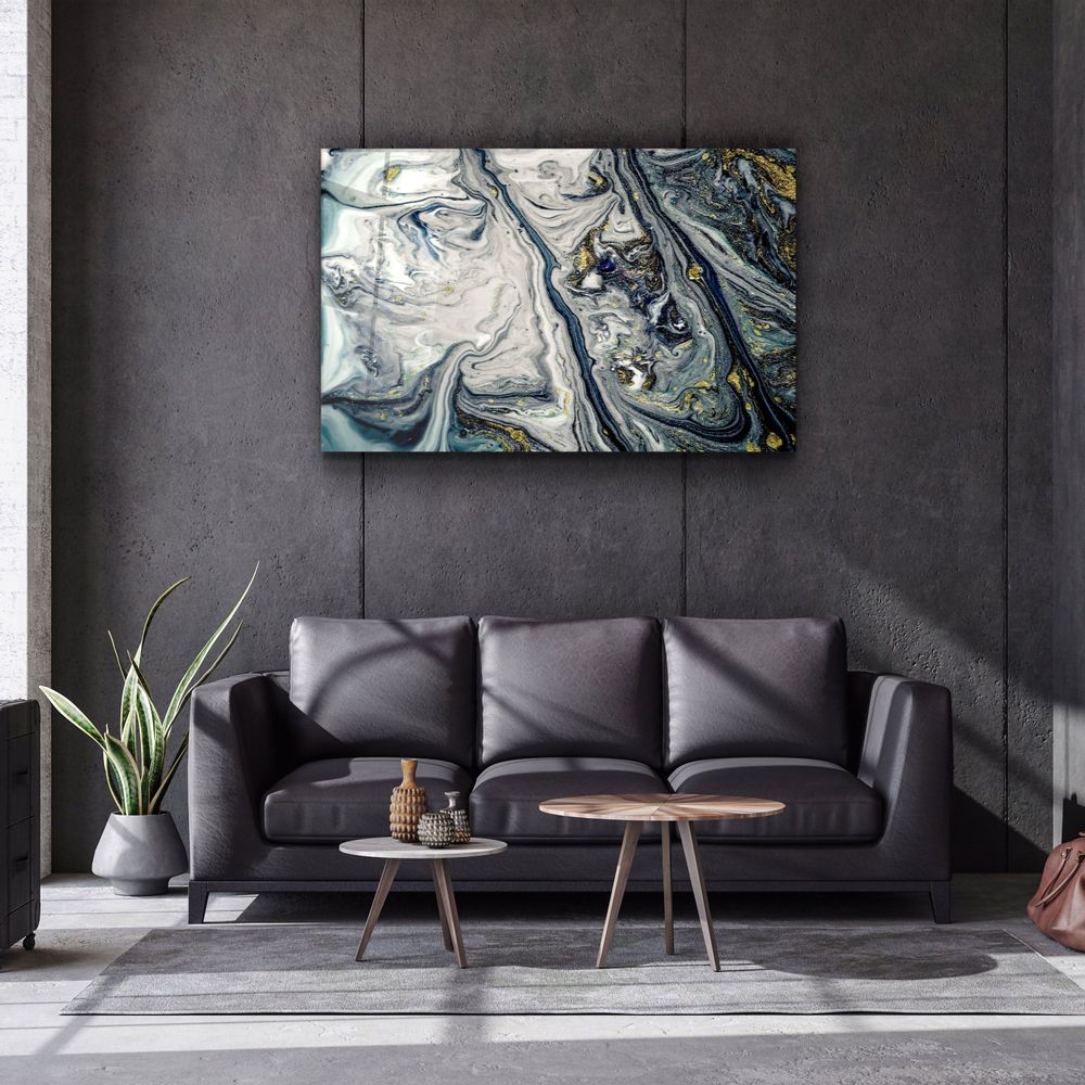 Autres décorations murales - Art mural en verre Marbre bleu gris avec poussière dorée 110CMx70CM - ARTDESIGNA