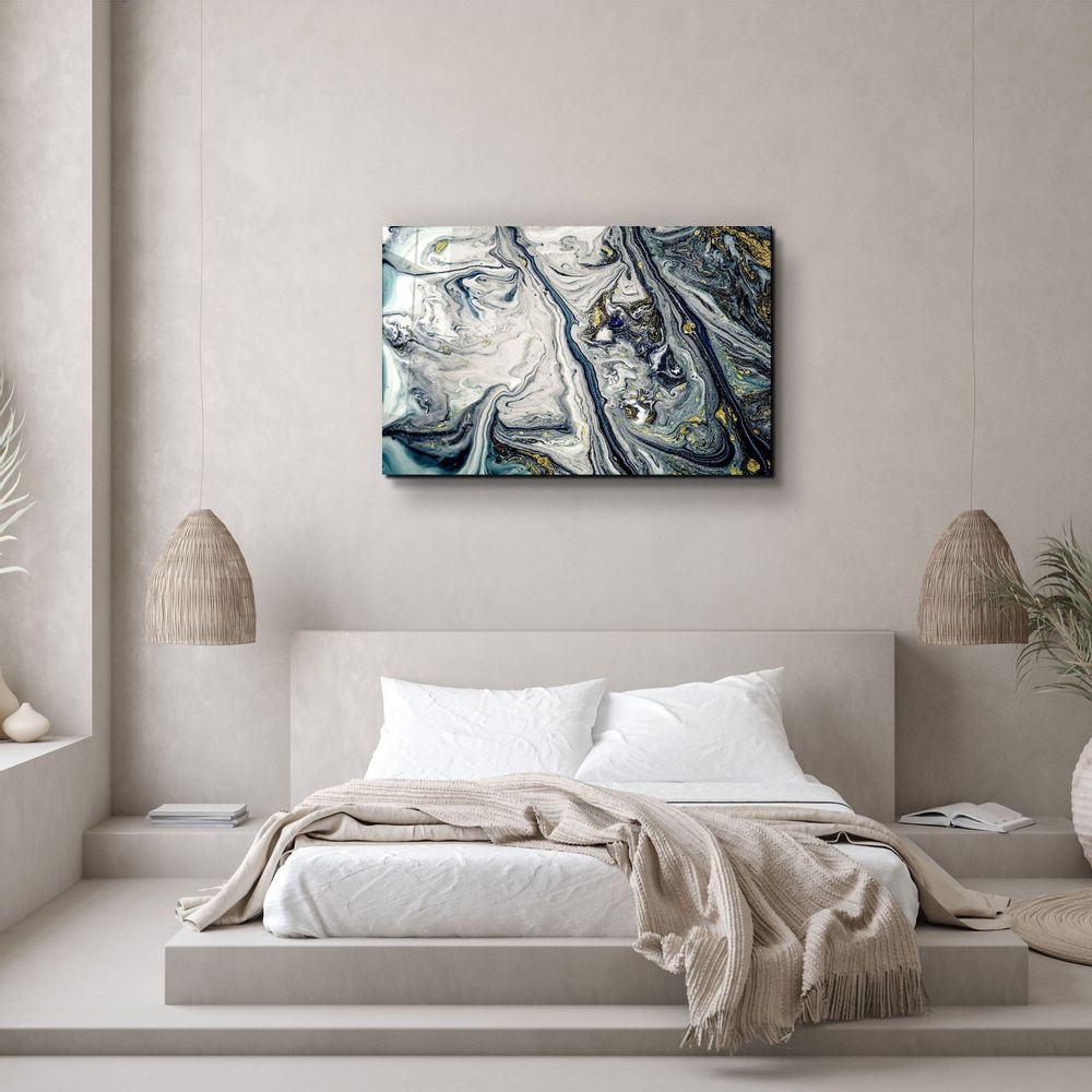 Autres décorations murales - Art mural en verre Marbre bleu gris avec poussière dorée 110CMx70CM - ARTDESIGNA