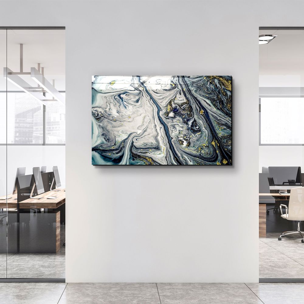 Autres décorations murales - Art mural en verre Marbre bleu gris avec poussière dorée 110CMx70CM - ARTDESIGNA