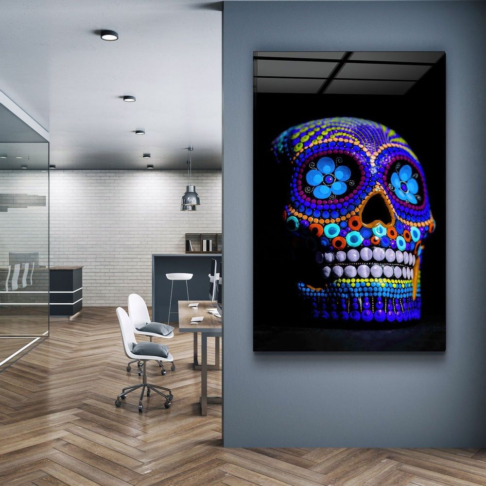 Autres décorations murales - Crâne de sucre - Crâne mexicain V2 Collection du designer Art mural en verre 110CMx70CM - ARTDESIGNA