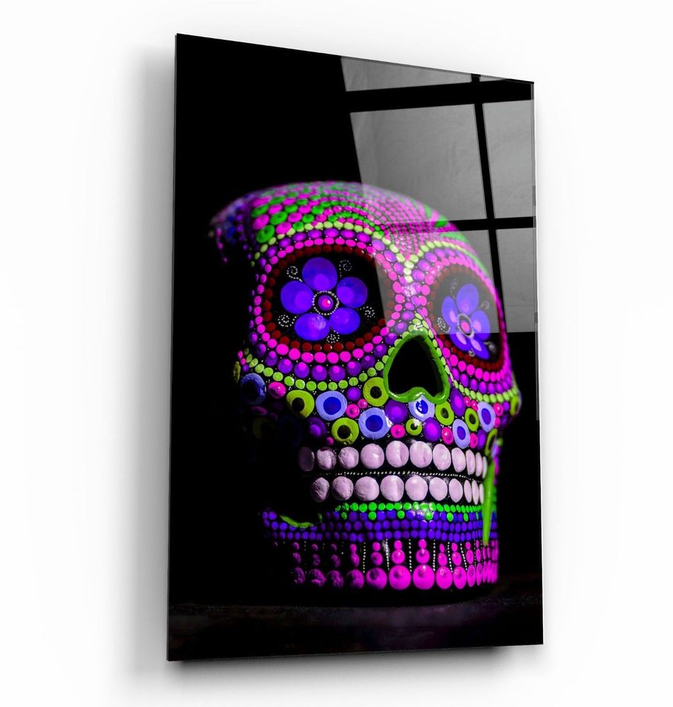 Autres décorations murales - Crâne de sucre - Crâne mexicain V1Designers Collection Art mural en verre 110CMx70CM - ARTDESIGNA