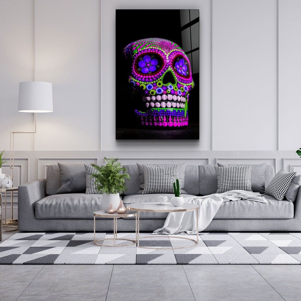 Autres décorations murales - Crâne de sucre - Crâne mexicain V1Designers Collection Art mural en verre 110CMx70CM - ARTDESIGNA