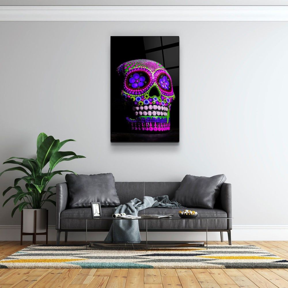 Autres décorations murales - Crâne de sucre - Crâne mexicain V1Designers Collection Art mural en verre 110CMx70CM - ARTDESIGNA