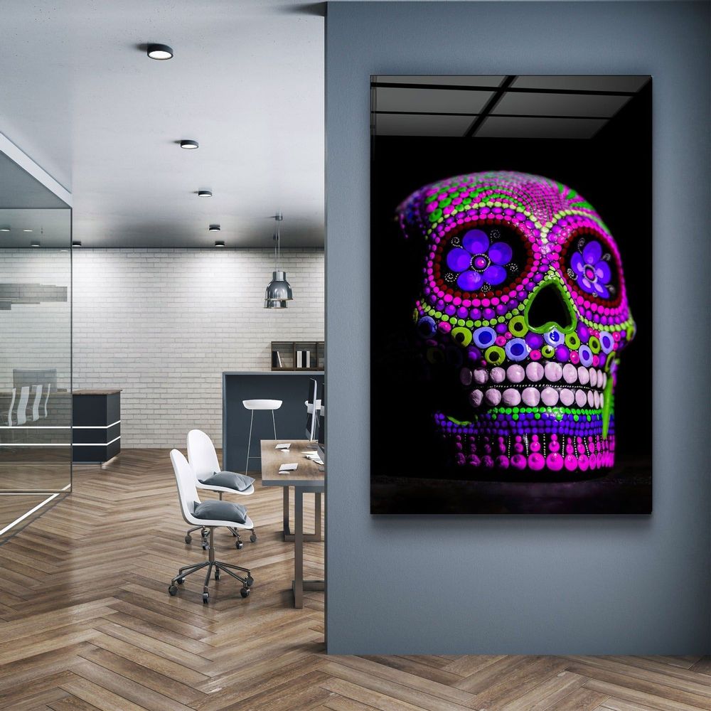 Autres décorations murales - Crâne de sucre - Crâne mexicain V1Designers Collection Art mural en verre 110CMx70CM - ARTDESIGNA