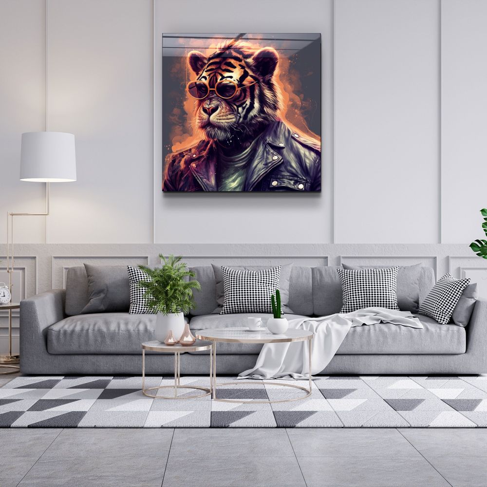 Autres décorations murales - Art mural en verre de la collection Tiger Monkey 2 du designer 80CMX80CM - ARTDESIGNA