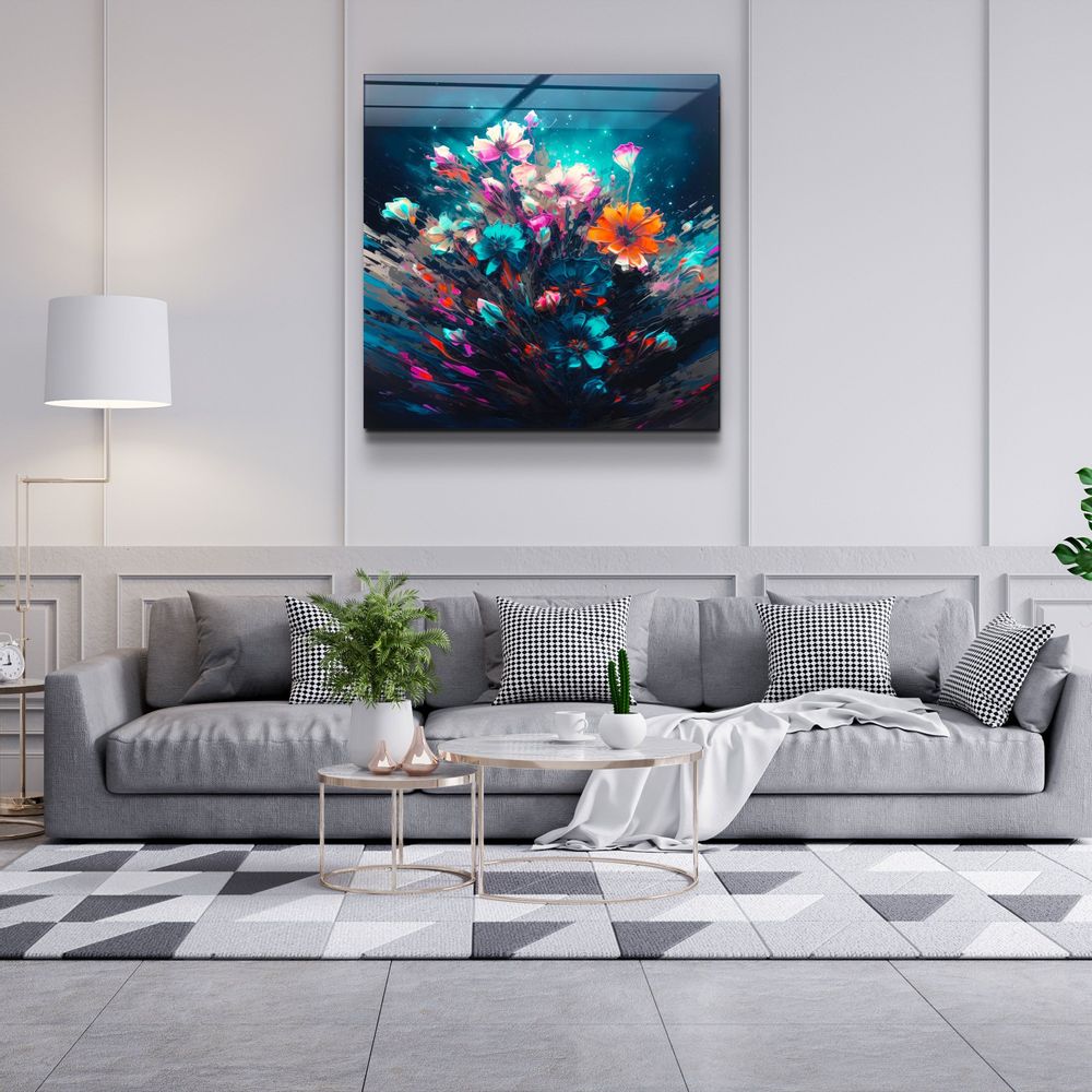 Autres décorations murales - Peinture à l'huile Fleurs 1 Collection de designers Art mural en verre 80CMX80CM - ARTDESIGNA