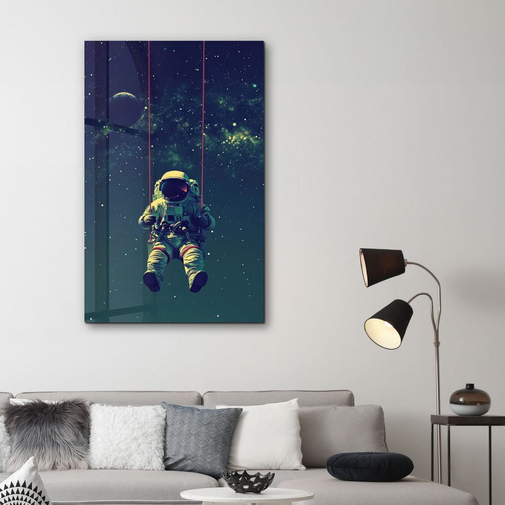 Other wall decoration - Astronaut on Swing - Designers Collection Glass Wall Art 110CMx70CM - ARTDESIGNA