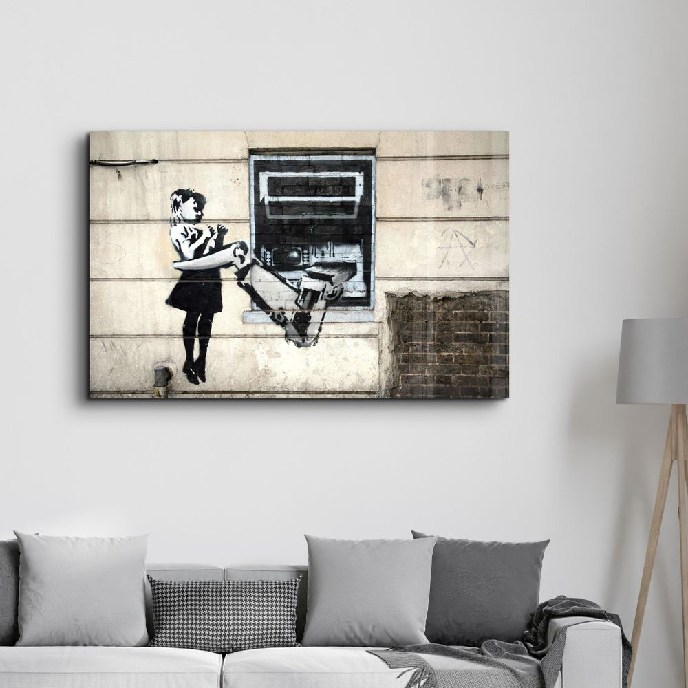 Other wall decoration - Banksy - Cash Machine Girl Graffiti | Glass Wall Art 110CMx70CM - ARTDESIGNA