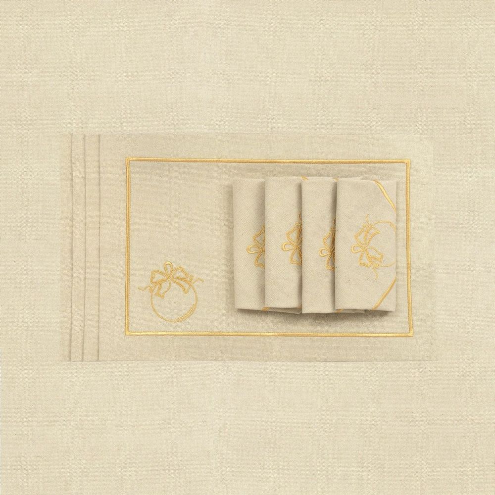 Table linen - Embroidered Placemats Christmas Bauble Goldenline - 6 pieces - ROSEBERRY HOME
