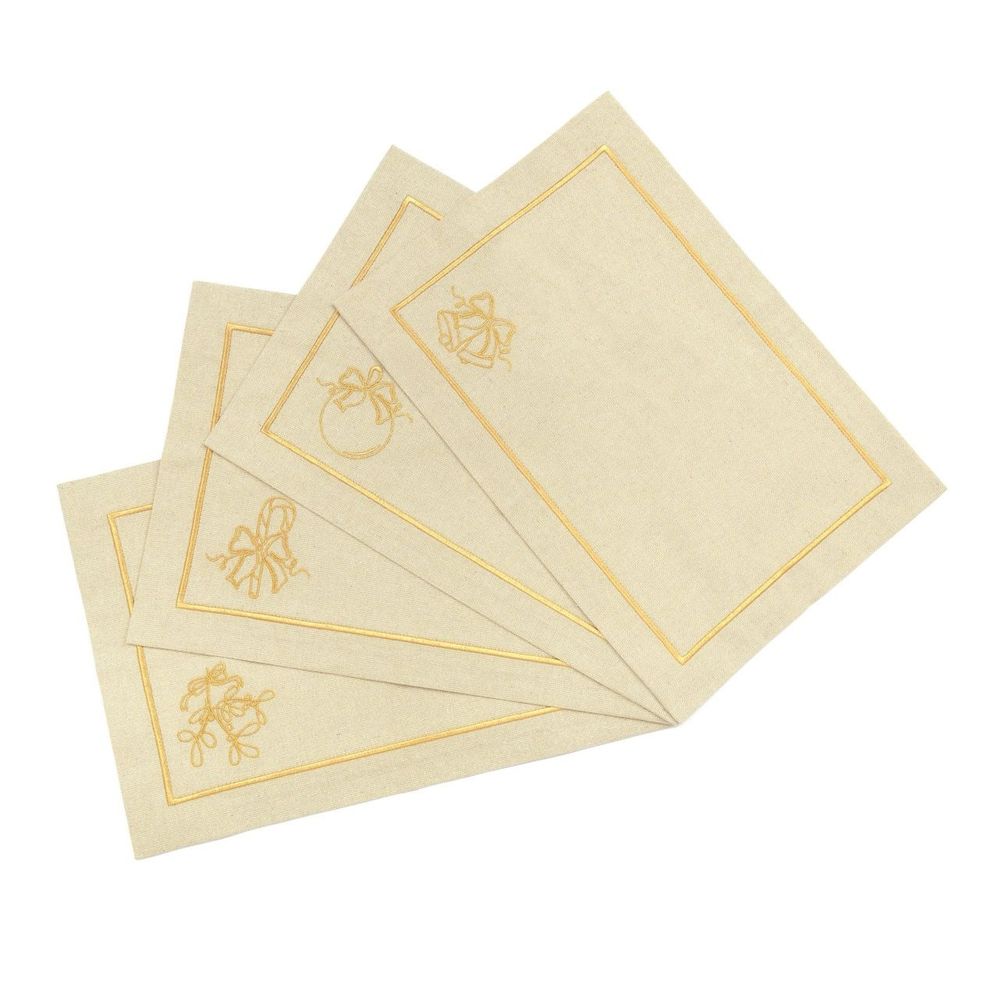 Table linen - Embroidered Placemats Christmas Bauble Goldenline - 6 pieces - ROSEBERRY HOME