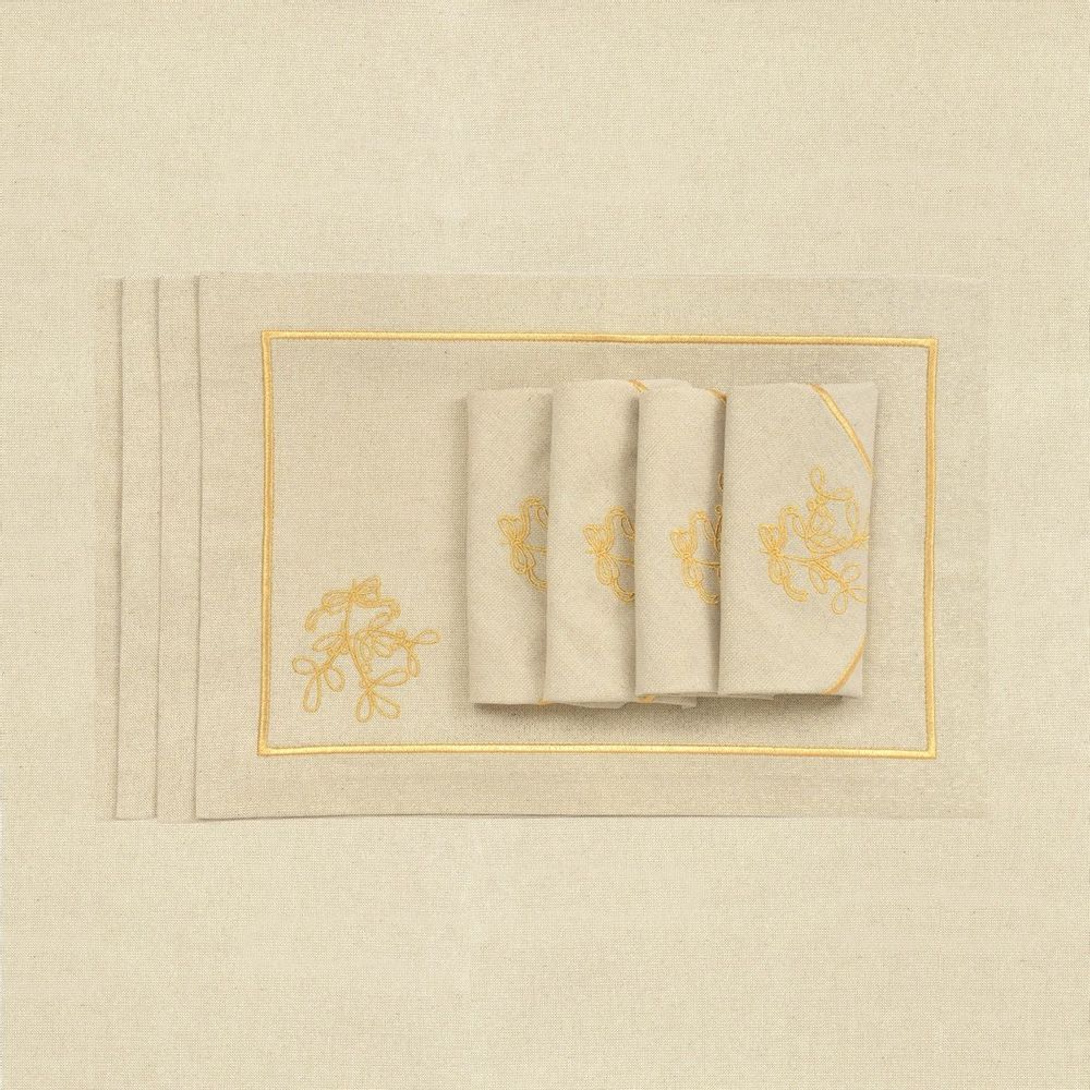 Table linen - Embroidered Placemats Mistletoe Goldenline - 4 pieces - ROSEBERRY HOME