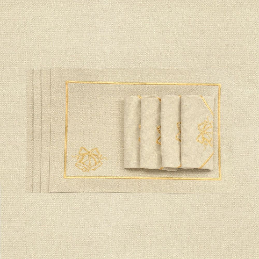 Table linen - Embroidered Placemats Jingle Bells Goldenline - 6 pieces - ROSEBERRY HOME