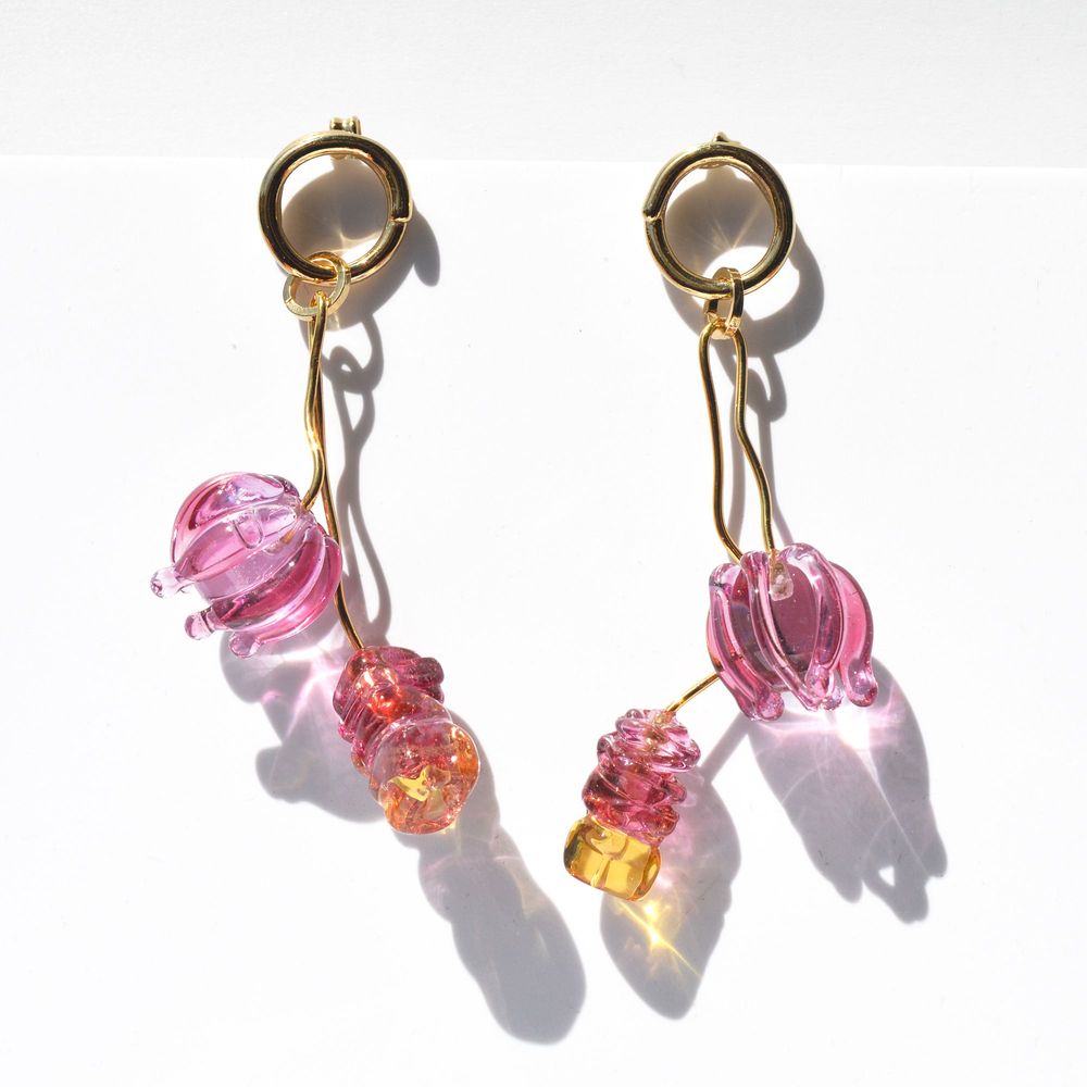 Bijoux - Boucles d'oreilles plaqué or verre soufflé Murano Artisan Onirica Flor - CHAMA NAVARRO